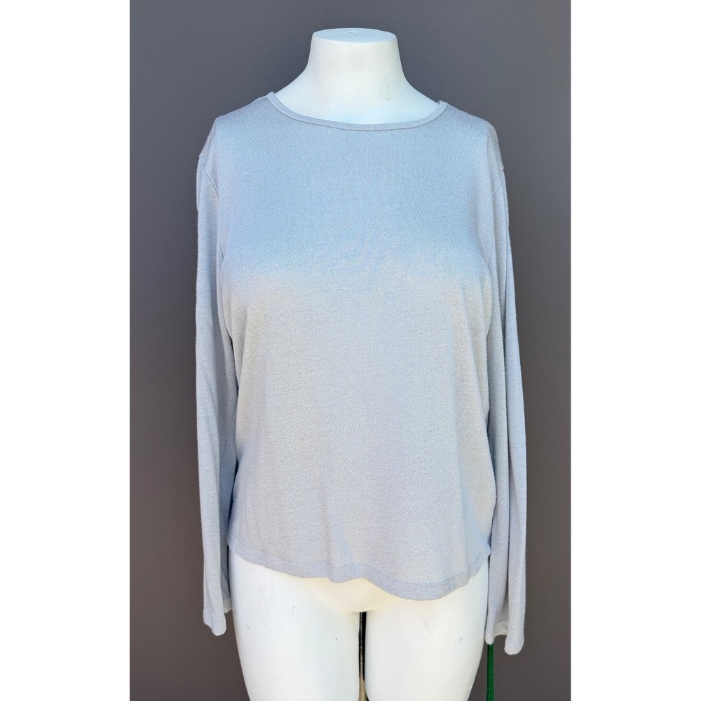 Lauren Ralph Lauren Silver Metallic Knit Top XL Long Sleeve Shimmer Party Glam